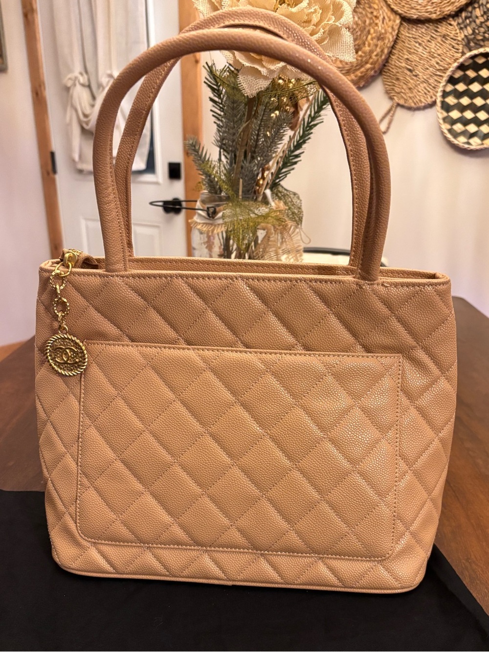 Quilted Beige/Tan Tote with Logo Charm